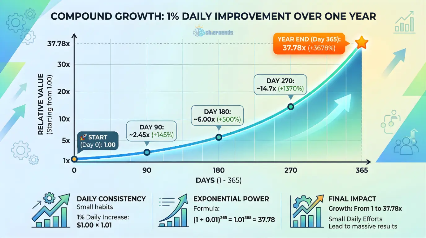 compound growth chart showing 1% daily improvement over one year
