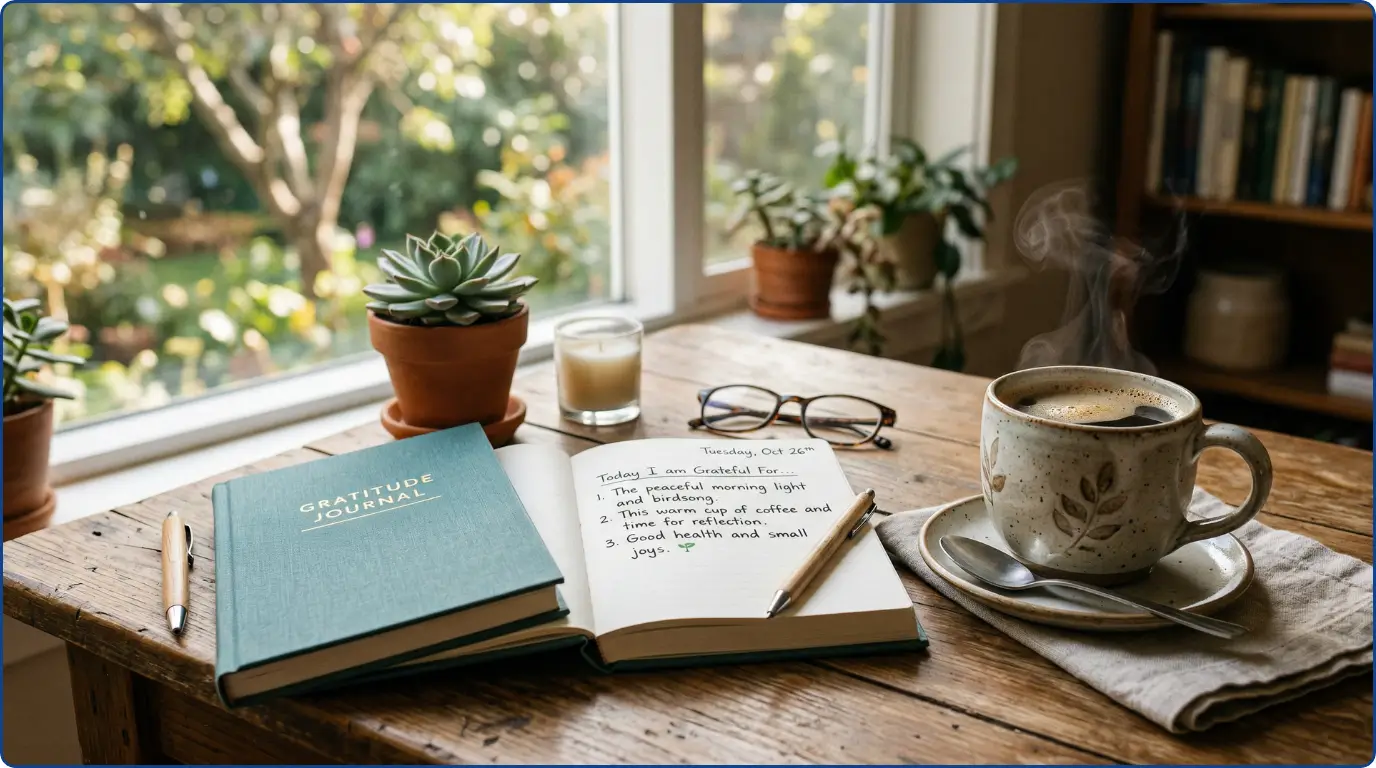 12 Habits That Improve Mental Health 3 Gratitude journal and morning coffee representing daily mental health habits