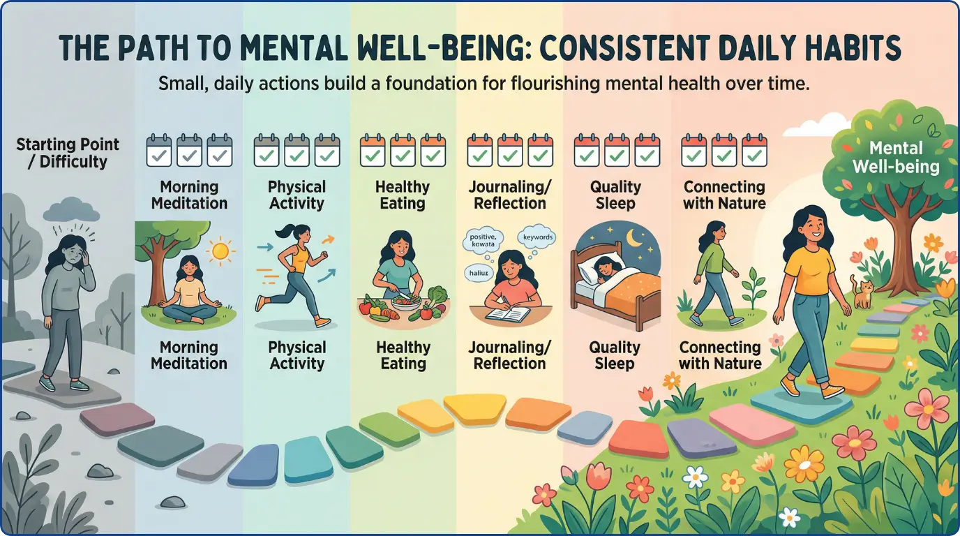 12 Habits That Improve Mental Health 2 Visual representation of daily habits improving mental health through consistent practice